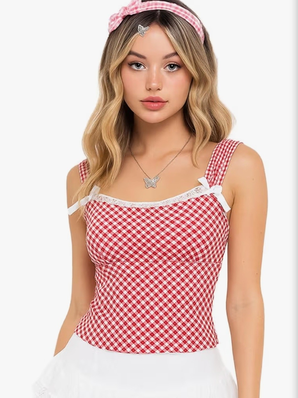 Red Gingham Lace-Trim Tank Top - Unbranded